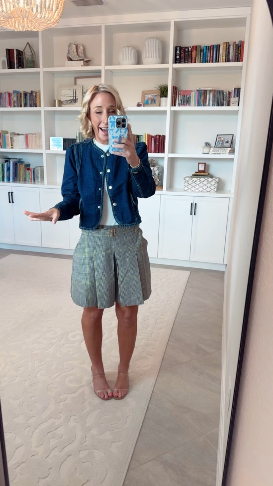 Walmart; new arrivals - part 2:
• Belted pleated mini skirt - size XS. $25.
• Cropped collarless denim jacket - size XS. $32. 
• white t-shirt - size small. 
* clear strap wedges - tts. 

#LTKSeasonal #LTKOver40 #LTKFindsUnder50