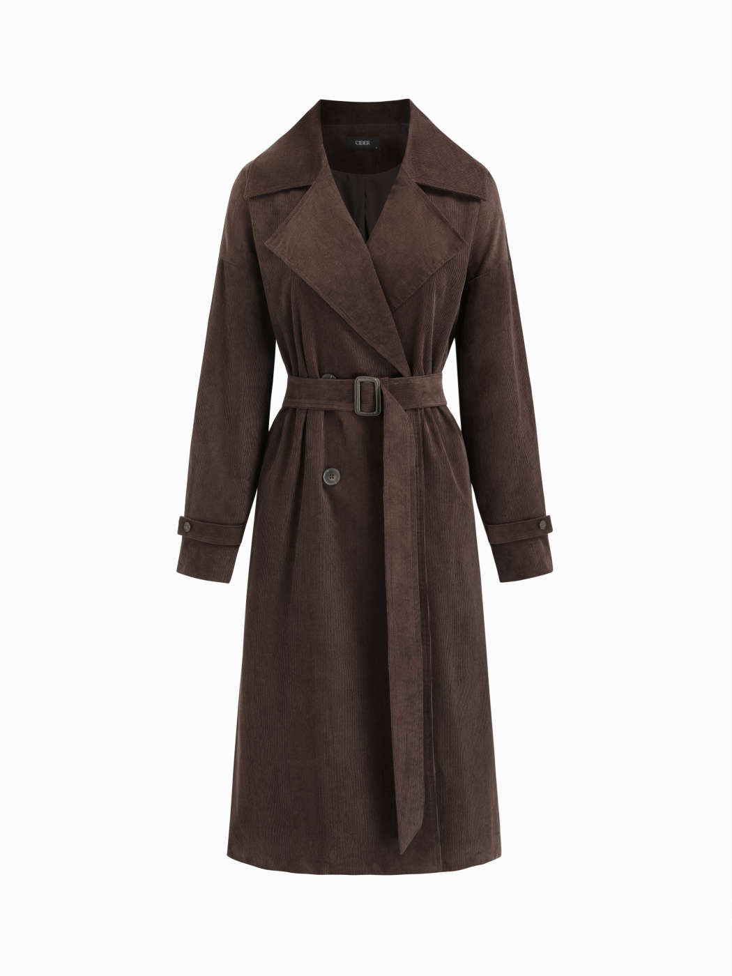 Kordsamt Kordelstoff-Trenchcoat mit gekerbten Kragen, Doppelreihe und Gürtel For Arbeit | Cider