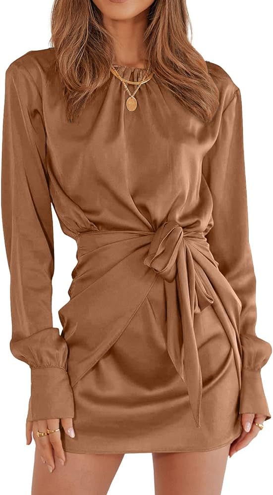 PRETTYGARDEN Women's 2023 Spring Satin Dress Long Sleeve Tie Waist Elegant Cocktail Party Mini Dr... | Amazon (US)