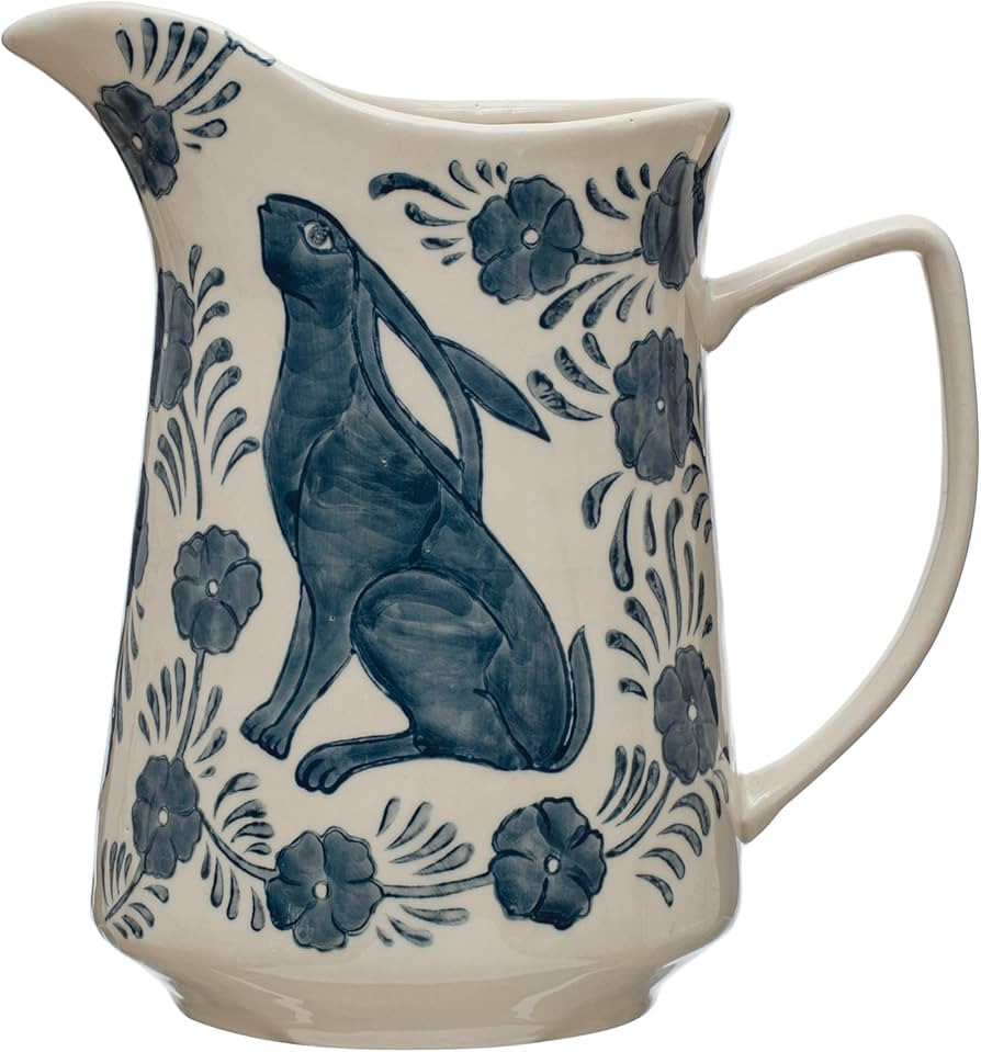 Creative Co-Op Stoneware Pitcher with Painted Rabbit and Florals, Blue and Cream | Amazon (US)