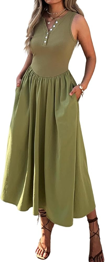 Women's Summer Casual Dresses Sleeveless Knitted V Neck Sundress Drop Waist A Line Long Maxi Dres... | Amazon (US)