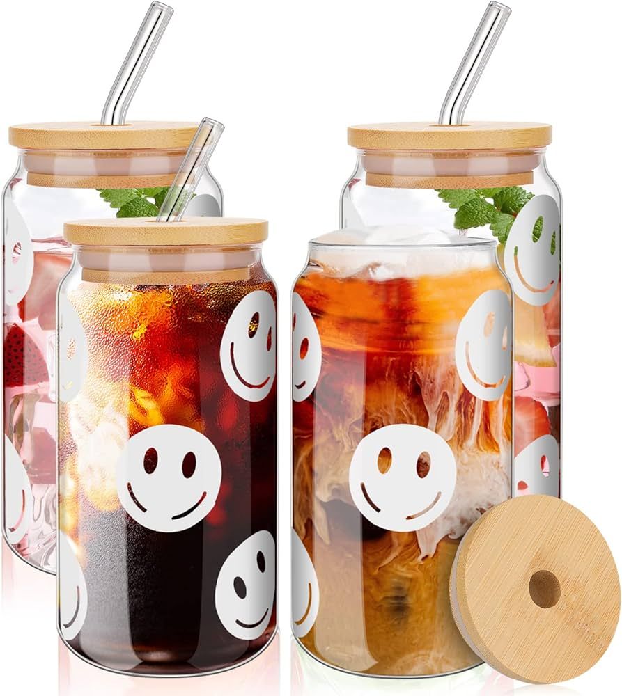 Vesici 4 Pcs Smile Face Ice Coffee Cups with Bamboo Lids and Straw Drinking Glasses 16oz Can Shap... | Amazon (US)