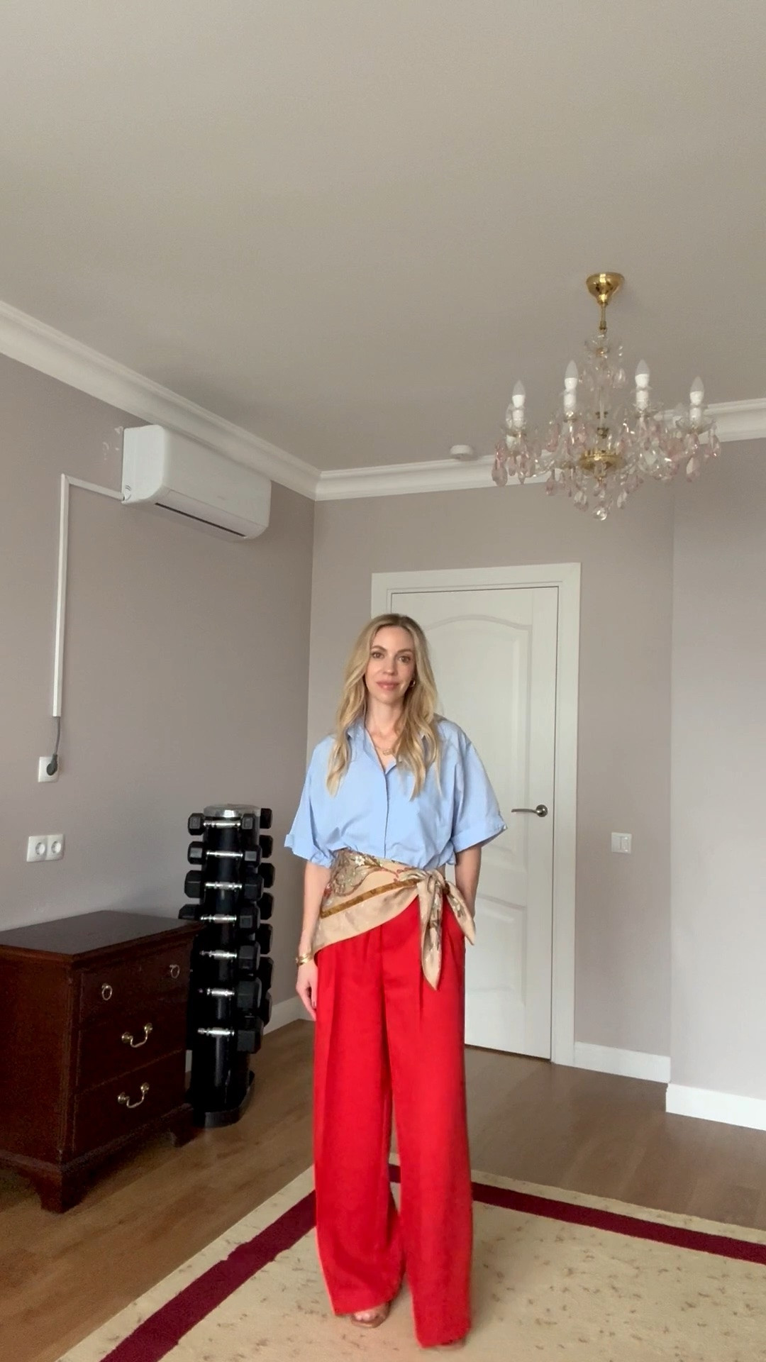 Love tomato red and sky blue paired together - these pants are under $40! Add a complementary scarf at the waist for a chic summer outfit that goes from work to weekend

#LTKWorkwear #LTKOver40 #LTKSeasonal