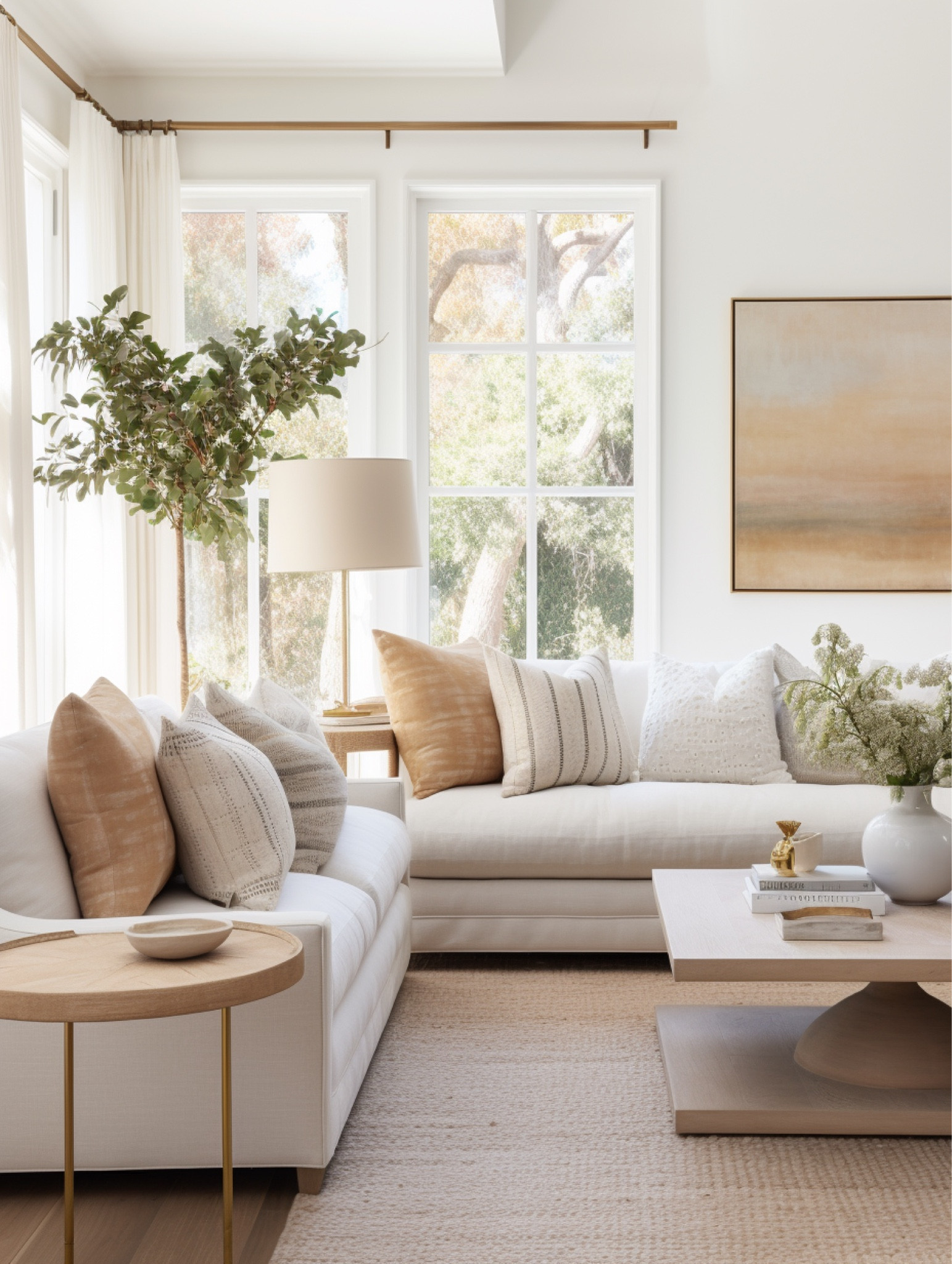 cozy & fresh living room vibe, white couches, white oak coffee table, faux tree, striped pillows, fall pillows, jute rug, gold lamp 

#LTKSale #LTKhome #LTKunder100