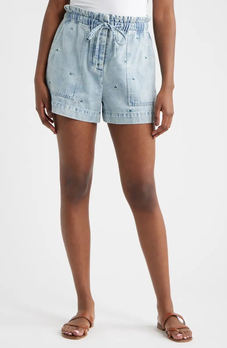 Foster Floral Embroidered Paperbag Denim Shorts | Nordstrom