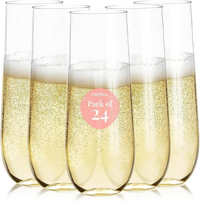 Prestee 24-Pack Stemless Plastic Champagne Flutes - 9 oz Clear Disposable Glasses for Wine, Cockt... | Amazon (US)