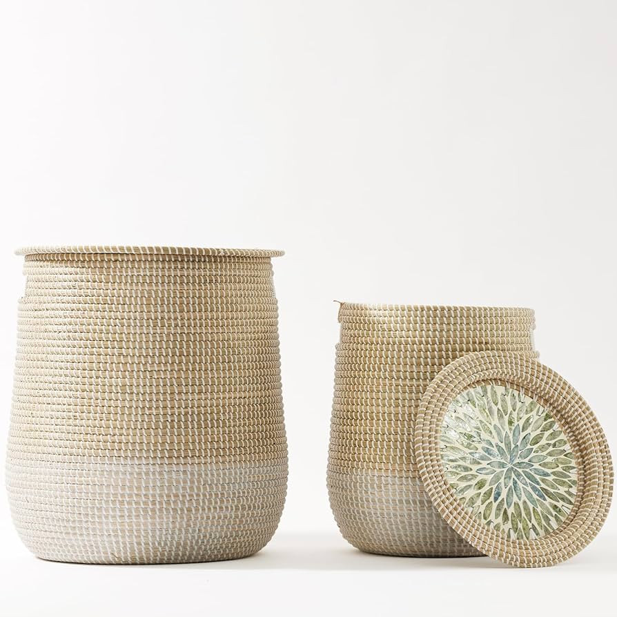 Round Seagrass Laundry Hamper with Lid, 2-Piece Set - Eco-Friendly Storage Basket for Clothes, To... | Amazon (US)