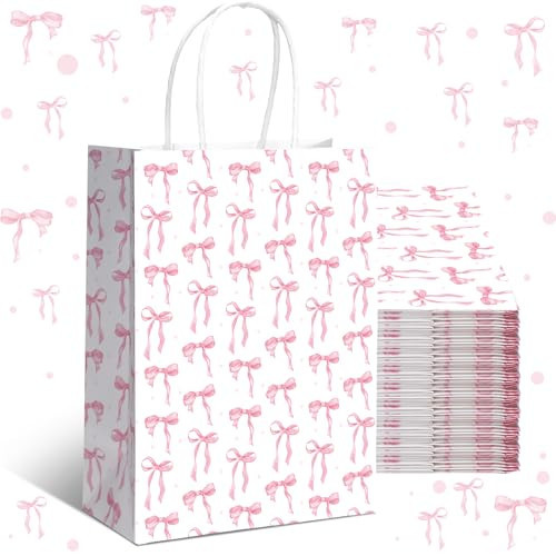 Kolldenn 16 Pcs Coquette Pink Bow Paper Gift Bags Women Valentine Galentine Birthday Favor Goodie Candy Bags with Handles for Bridal Engagement Baby Shower Party Supplies | Amazon (US)