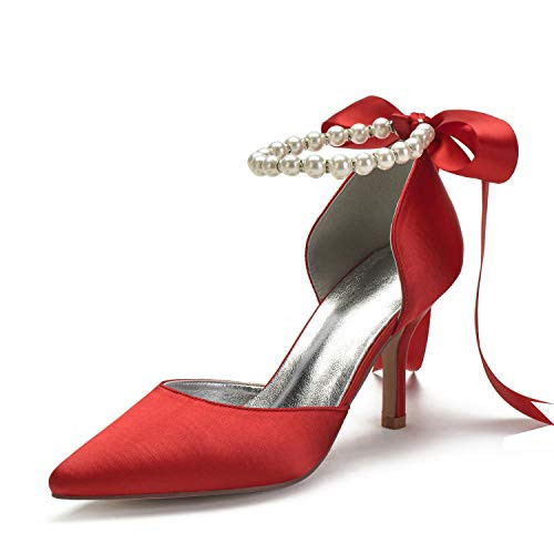 Women's Pearl Red Wedding Shoes for Bride High Heels Pointed Toe Bridal Shoes Satin Prom Party Dress Pumps Sandals 602-1 | Amazon (US)