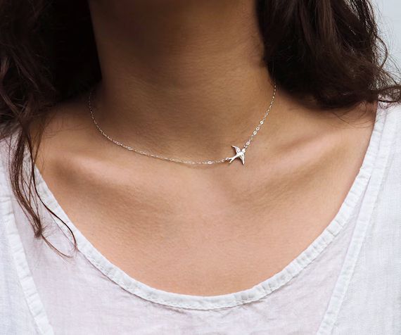 SIDEWAYS BIRD Necklace in Sterling Silver, Gold or Rose Gold • Delicate Bird Necklace • Birds... | Etsy (US)