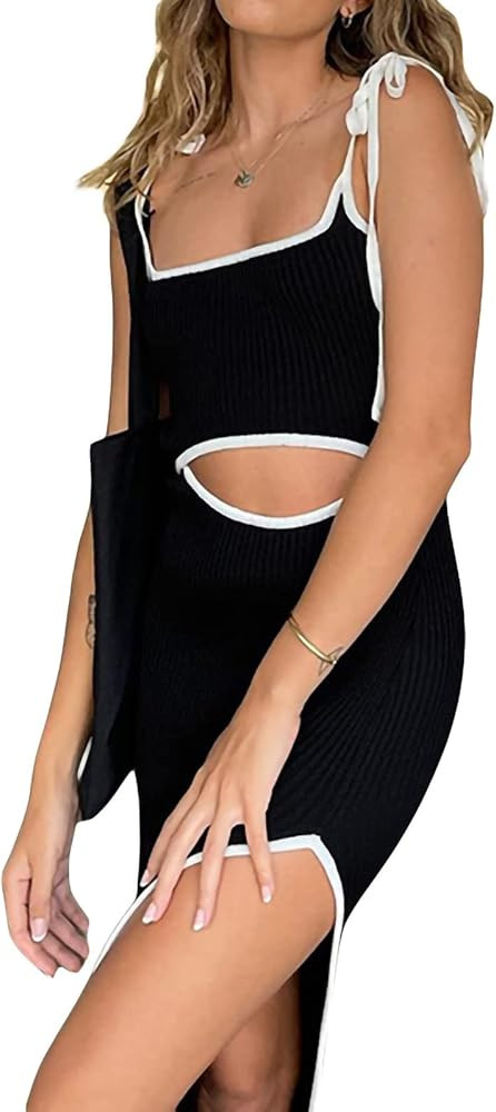 Women’s Ribbed Knit Long Dress Hollow Out Sexy Bodycon Maxi Dress High Split E-Girl Sundress Cutout  | Amazon (US)