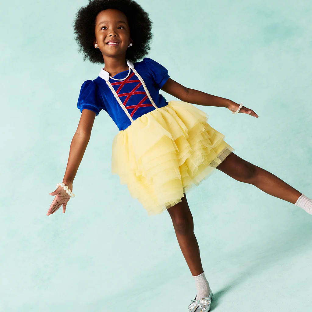Princess Blue Puff Sleeve Disney Snow White Velour Dress | Posh Peanut® | Posh Peanut