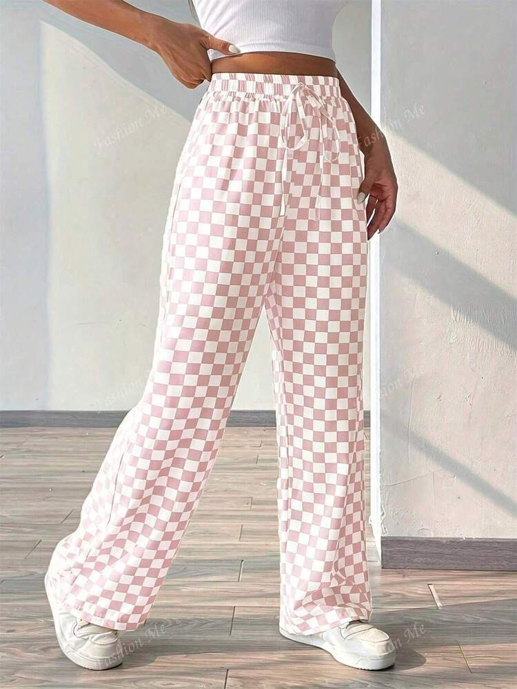 Plaid Print Casual Loose Drawstring Wide Leg Pants | SHEIN