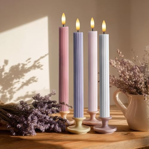 Dusty Mauve Coordinated Pinkish Lilac 4 Pack, 10" Real Wax LED Flameless Fluted Ribbed Grooved Ta... | Amazon (US)