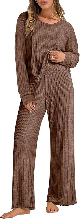 ANRABESS Women 2 Piece Lounge Pajamas Sets Casual Ribbed Knit Long Sleeve Top Pants Matching Set ... | Amazon (US)