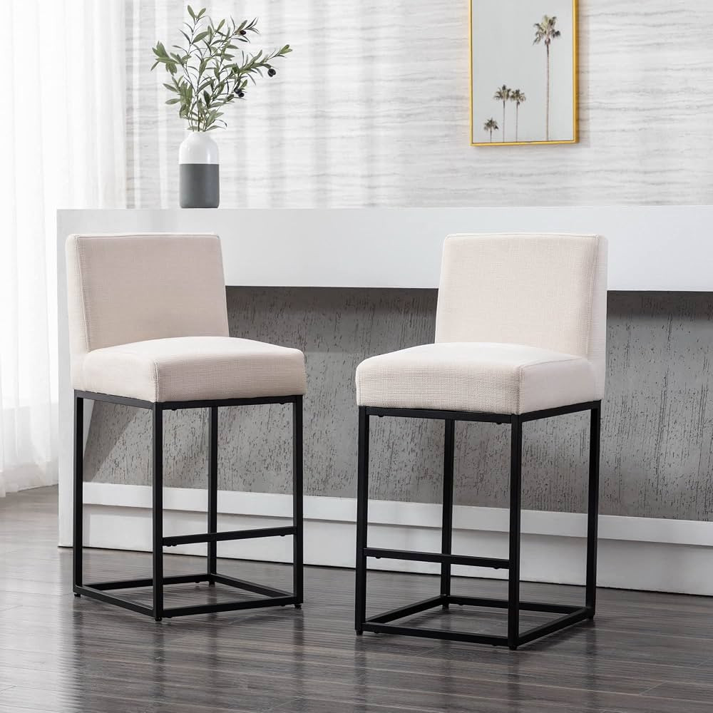 27" Counter Height Bar Stools Set of 2, Linen Upholstered Kitchen Island Stools with Padded Back ... | Amazon (US)