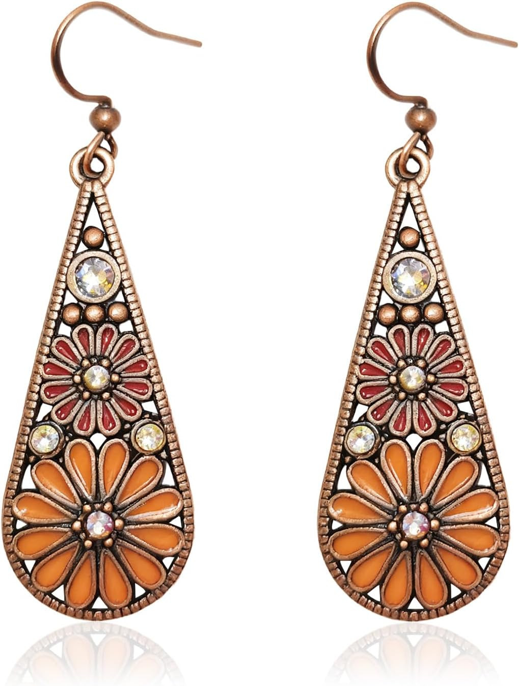 Bohemian Crystal Teardrop Pendant Earring,Vintage Olive Green Hollow Out Flower Floral Dangle Earrings,National Style Geometry Enamel Flower Hook Earrings,Handmade Ethnic Statement Jewelry for Women | Amazon (US)