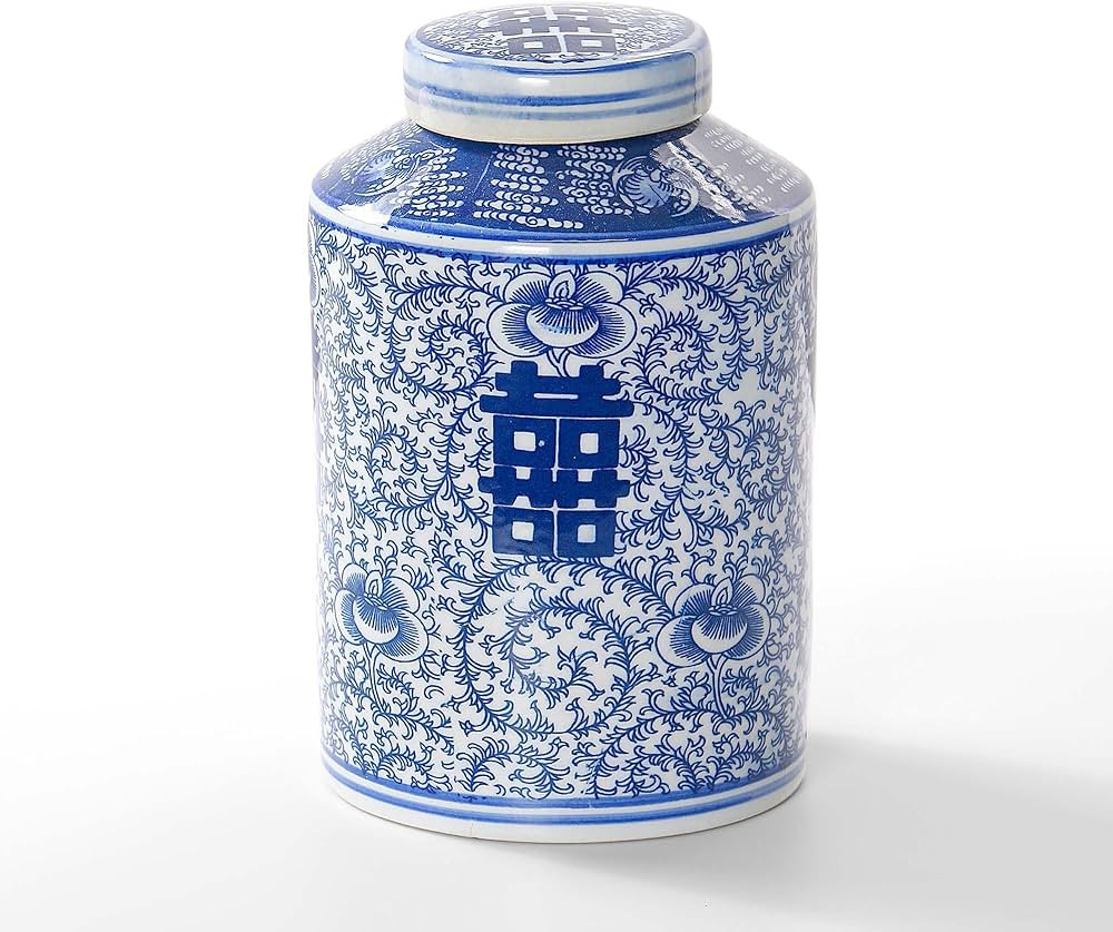 Blue and white Tea Jar, double happiness jar, Porcelain Jar with lid, home decor jar, ginger jar,... | Amazon (US)
