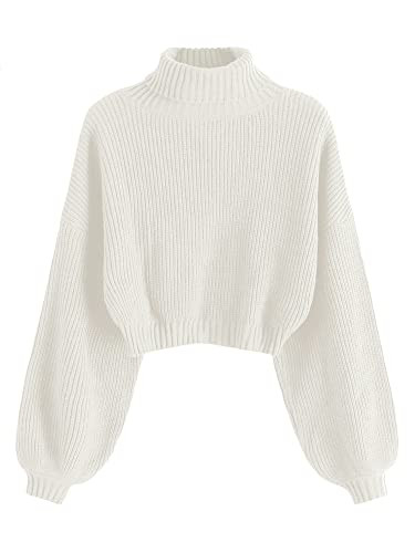 ZAFUL Women's Cropped Turtleneck Sweater Lantern Sleeve Ribbed Knit Pullover Sweater Jumper (2-White, Medium) | Amazon (US)