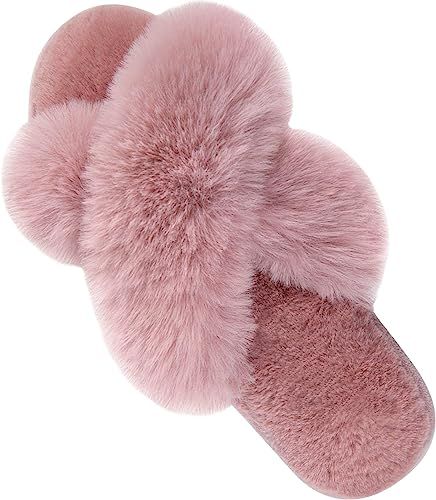 Women's Cross Band Slippers Fuzzy Soft House Slippers Plush Furry Warm Cozy Open Toe Fluffy Home ... | Amazon (US)