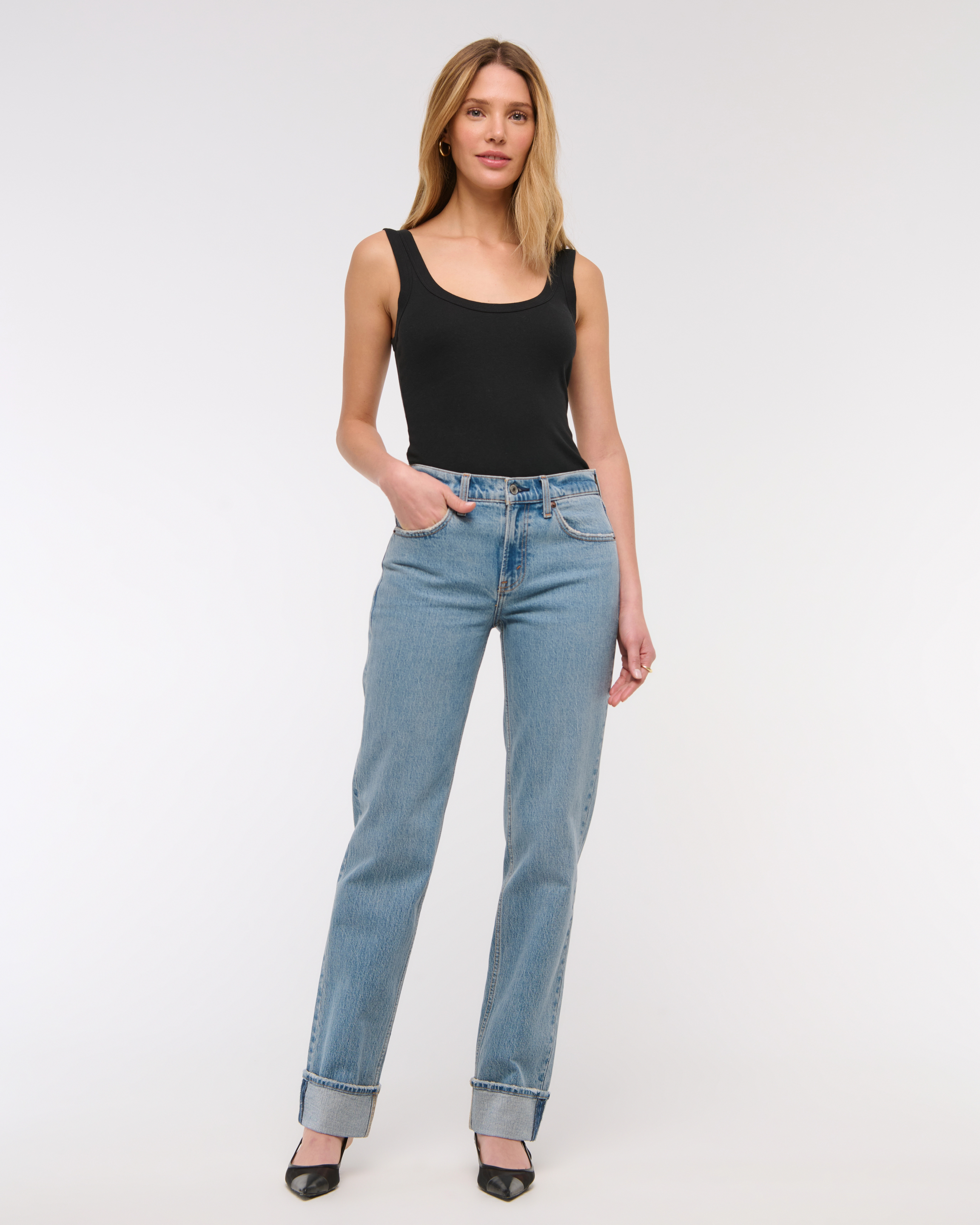 Mid Rise 90s Straight Cuffed Hem Jean | Abercrombie & Fitch (US)