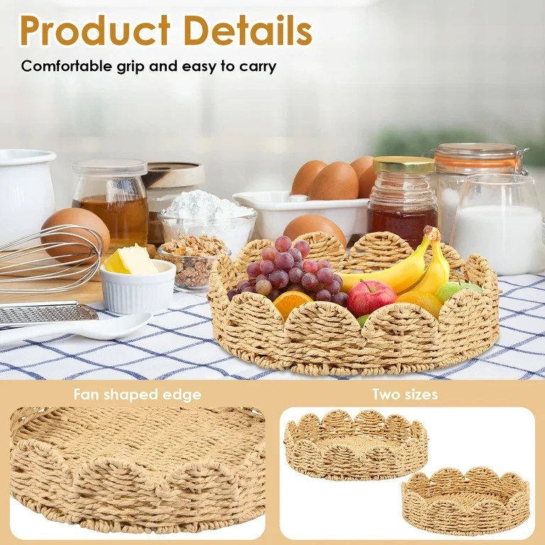 Keyohome 2Pcs Scalloped Tray Hand Woven Scalloped Basket Decorative Paper Rope Braided Serving Tr... | Walmart (US)