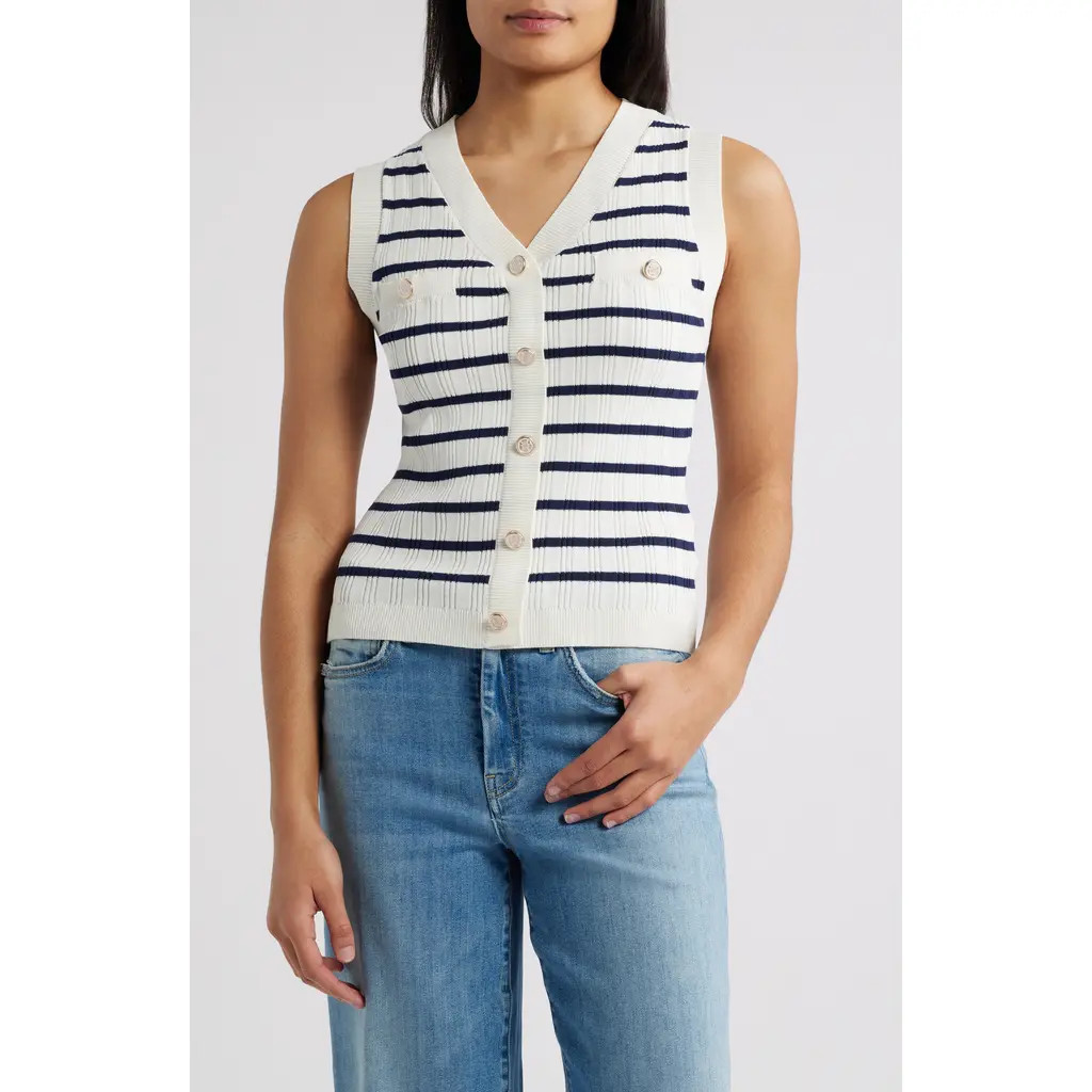 ZOE AND CLAIRE Stripe Variegated Rib Sleeveless Sweater in Ivory/Navy at Nordstrom, Size Small | Nordstrom