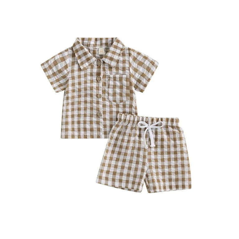 TheFound Toddler Boys Summer Outfits Plaid Shirts and Elastic Waist Shorts | Walmart (US)