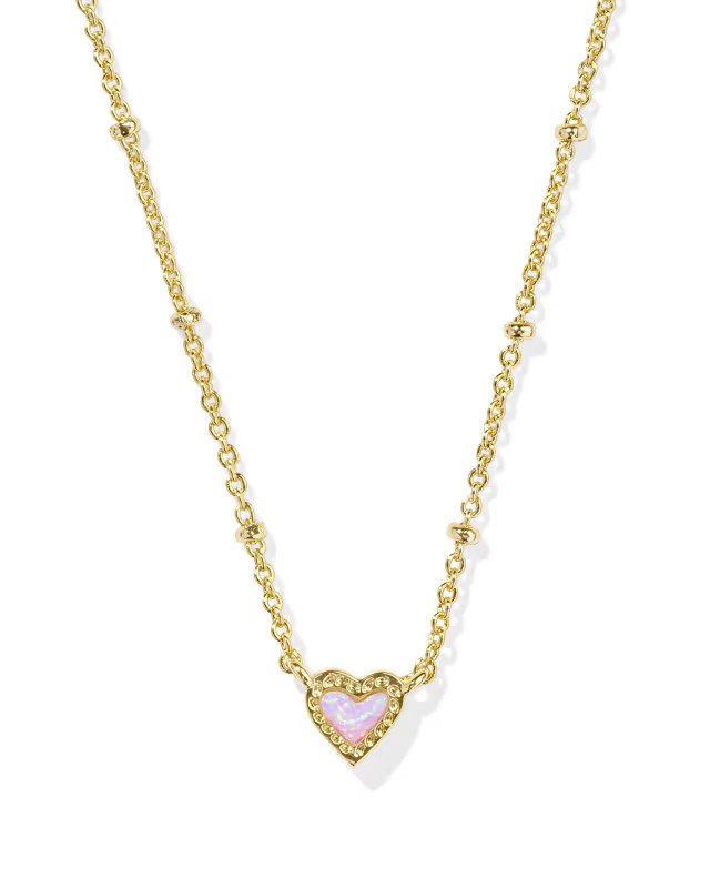 Mini Ari Heart Gold Satellite Short Pendant Necklace in Bubblegum Pink Lab Grown Opal | Kendra Scott