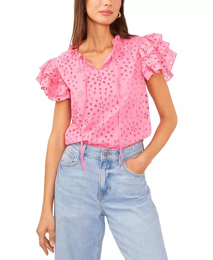 1.STATE Women's Eyelet Embroidered Cotton Tie Neck Short Flutter-Sleeve  Blouse - Macy's | Macy's
