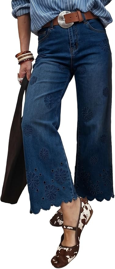 Sidefeel Women's Straight Leg Floral Embroidery Jeans | High Waisted Jeans, Ankle Length, Scallop... | Amazon (US)