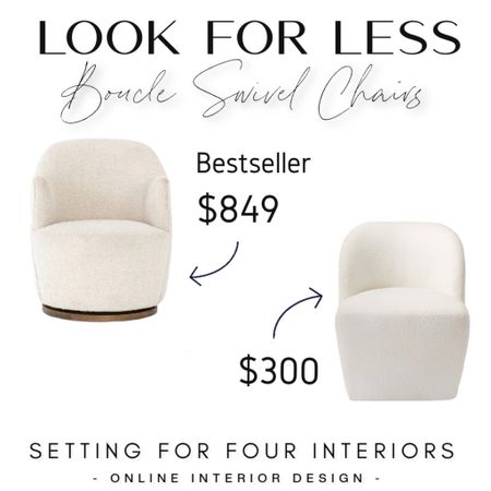 LOOK FOR LESS- Boucle swivel chairs!
These gorgeous neutral swivel chairs look beautiful in a living room or bedroom sitting area. Gorgeous modern organic style and texture. Boucle is a top design trend this year and so timeless!

Message me on IG for more info on my virtual online design consult services and client reviews! Interior and exterior e-Design services.

Follow @settingforfour on Instagram for daily design inspiration for kitchens, living rooms, bathrooms, lighting, decor and more! Sharing lots of fun This or That polls in IG stories. weekend sale, studio mcgee x target new arrivals, coming soon, new collection, fall collection, spring decor, console table, coffee table, tabletop, fireplace mantel, bedroom furniture, dining chair, counter stools, end table, side table, nightstands, framed art, art, wall decor, rugs, area rugs, target finds, target deal days, outdoor decor, patio, porch decor, sale alert, dyson cordless vac, cordless vacuum cleaner, tj maxx, loloi, cane furniture, cane chair, pillows, throw pillow, arch mirror, gold mirror, brass mirror, vanity, lamps, world market, weekend sales, opalhouse, target, jungalow, boho, wayfair finds, sofa, couch, dining room, high end look for less, kirkland’s, cane, wicker, rattan, coastal, lamp, high end look for less, studio mcgee, mcgee and co, target, world market, sofas, couch, living room, bedroom, bedroom styling, loveseat, bench, magnolia, joanna gaines, pillows, pb, pottery barn, west elm, nightstand, cane furniture, throw blanket, console table, target, joanna gaines, hearth & hand, arch, cabinet, lamp, cane cabinet, amazon home, world market, arch cabinet, black cabinet, crate & barrel, farmhouse, modern, classic, organic, scandi, scandinavian, japandi, #founditonamazon


#LTKhome #LTKstyletip #LTKSeasonal