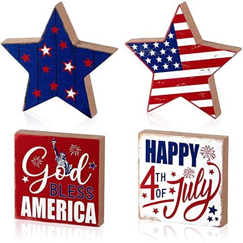 Chunful 4 Pcs 4th of July Tiered Tray Decor Patriotic Wooden Table Decorations Independence Day Centerpiece Decorations Red White Blue Wood Signs Lady Liberty Signs Standing Blocks(Star) | Amazon (US)