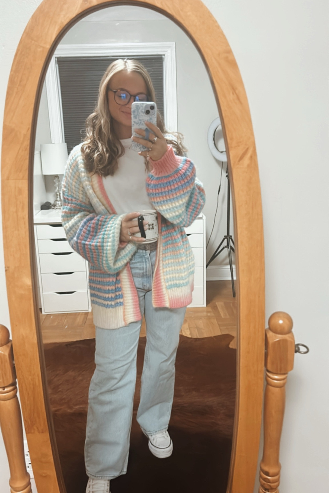 Teacher. Teach. Ootd. Outfit of the day. Sweater. Cute. Spring. Fall. Winter. Abercrombie and fitch jeans. Converse white platform sneakers. Eye buy direct glasses. Colorful sweater  

#LTKHoliday #LTKSeasonal #LTKWorkwear