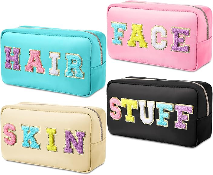 Remerry 4 Pcs Nylon Cosmetic Bag Chenille Letter Cosmetic Pouch Zipper Preppy Makeup Bag Waterpro... | Amazon (US)