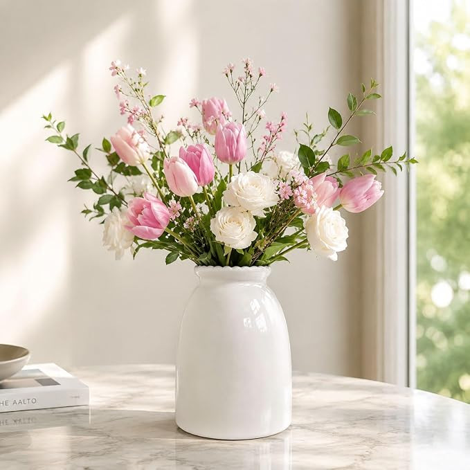 White Ceramic Vase for Flowers Modern Minimalist Table Centerpiece, Round Smooth Flower Holder fo... | Amazon (US)