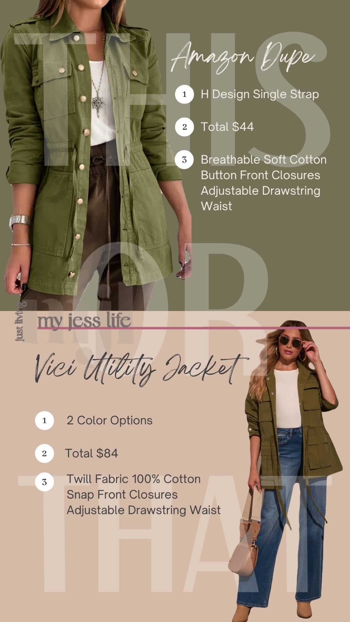 This or That, another Amazon dupe that saves money and offers better features! This utility jacket is trendy, adorable, and goes with so many different outfit options! 

#LTKFindsUnder50 #LTKStyleTip #LTKSeasonal