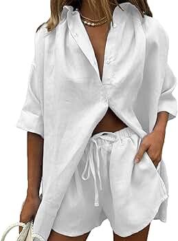 Women 2 Piece Tracksuit Casual Outfits Button Down Shirt Cardigan Tops + Elastic Waist Lounge Sho... | Amazon (US)