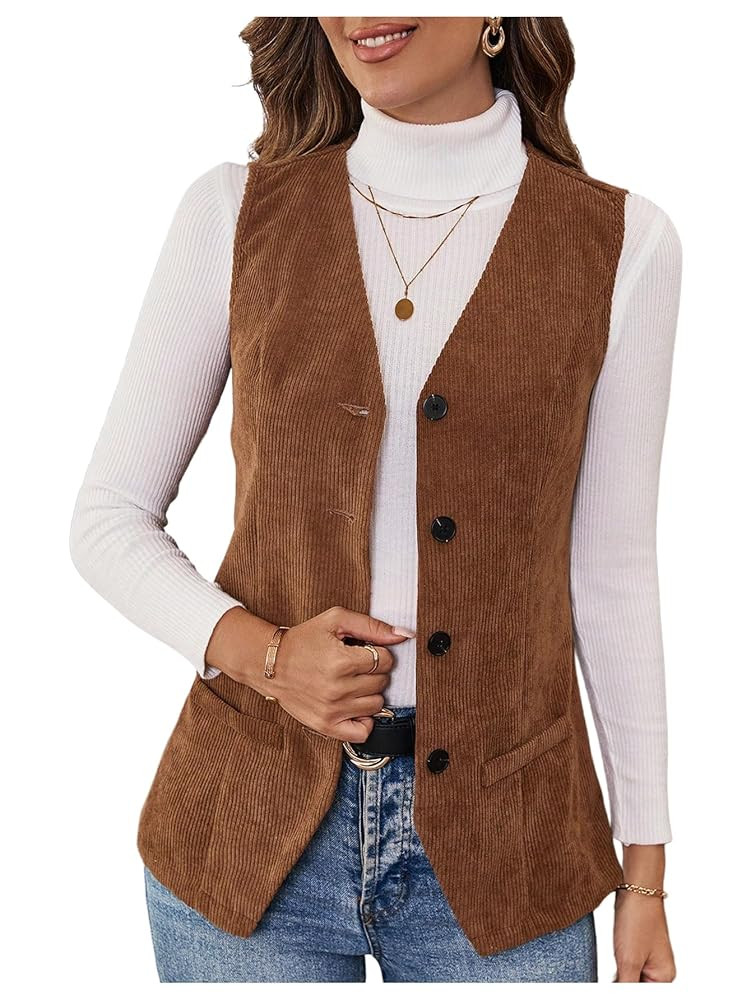WDIRARA Women's Button Down Corduroy Vest V Neck Sleeveless Tank Tops Vintage Outerwear | Amazon (US)