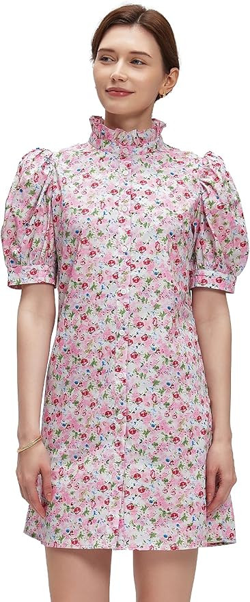 Women Summer Floral Mini Dress Ruffle Neck Puffer Sleeve Boho Beach Shift Dresses | Amazon (US)