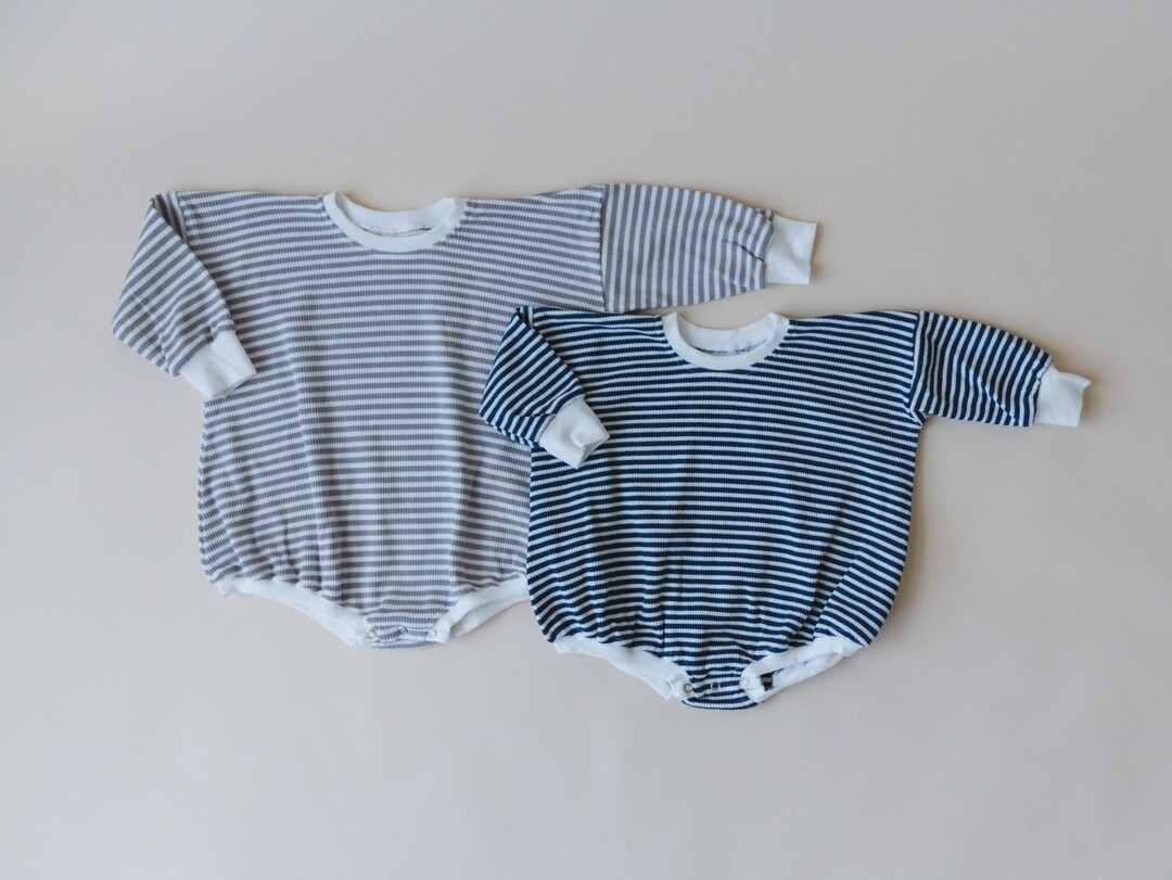 Striped Waffle Oversized Bubble Romper - Oversized Waffle-Knit Romper - Baby Boy Outfit - Baby Gi... | Etsy (US)