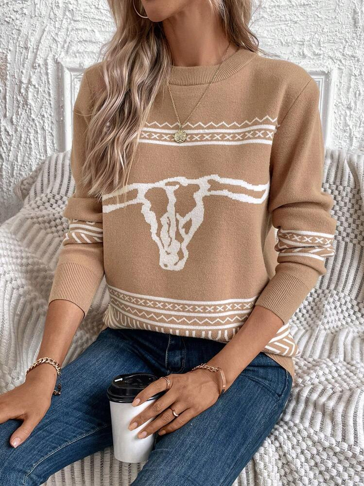 SHEIN LUNE Women's Casual Comfortable Warm Pullover Sweater With Round Neck, Color Block Bull Pat... | SHEIN
