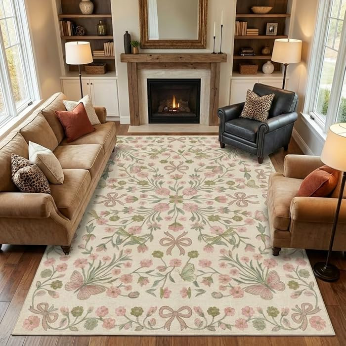 6x9 Area Rug for Living Room\uff0cBoho Pink and Green Floral Butterfly Bow Rugs\uff0cNon-Slip Was... | Amazon (US)