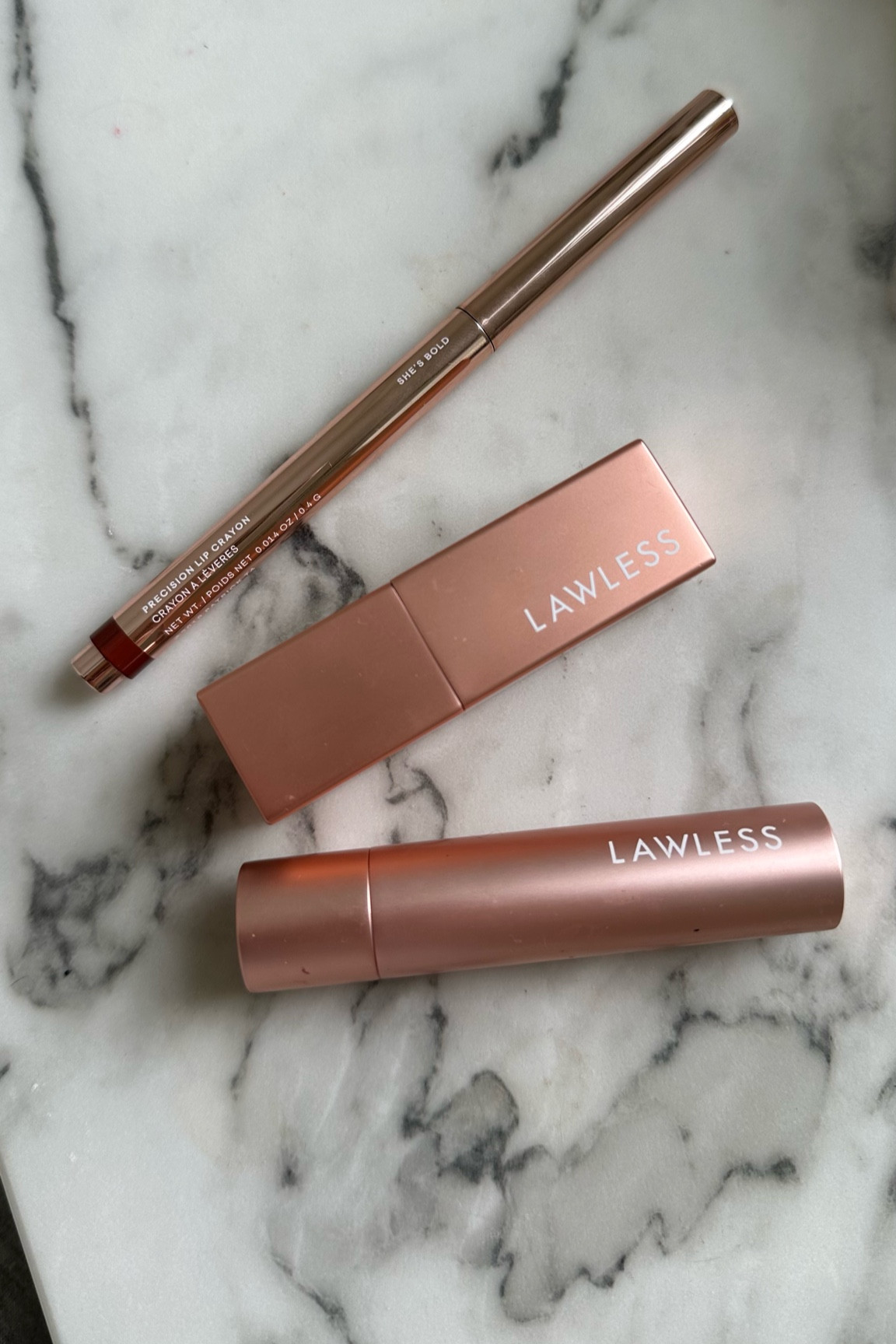 She’s bold liner, lipsticks in dawn & femme, balm in pink marshmallow, whisper, and Cupid 