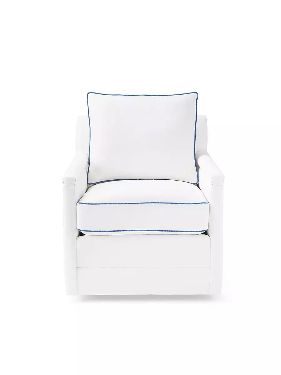 Spruce Street Swivel Chair - White Belgian Linen with Mediterranean Blue Piping | Serena and Lily
