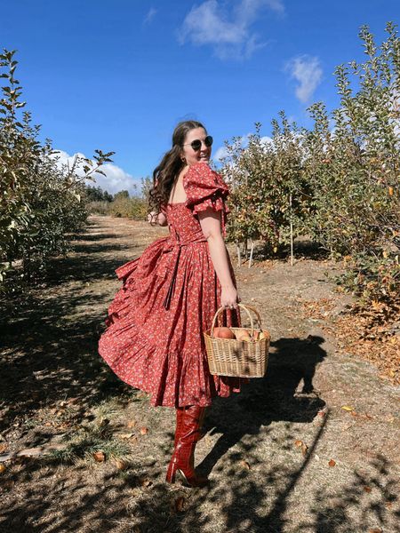 Free people Selkie Market Dress, midi / maxi red floral dress with bow and buff sleeves, floral print, Nordstrom, Issabel Knee High Boot Sam Edelman, red boots, fall / winter style, yellow sezane sweater, Amazon Wicker Picnic Basket with Handle Woven Willow Basket for Eggs Candy Basket Grocery Basket Flower Basket Gift Basket Shopping Bag for Home Outdoor Storage, apple picking, gold jewelry from Amazon (hoop earrings, rings), round metal ray ban sunglasses, Anthropologie 

#LTKstyletip #LTKfindsunder50 #LTKfindsunder100