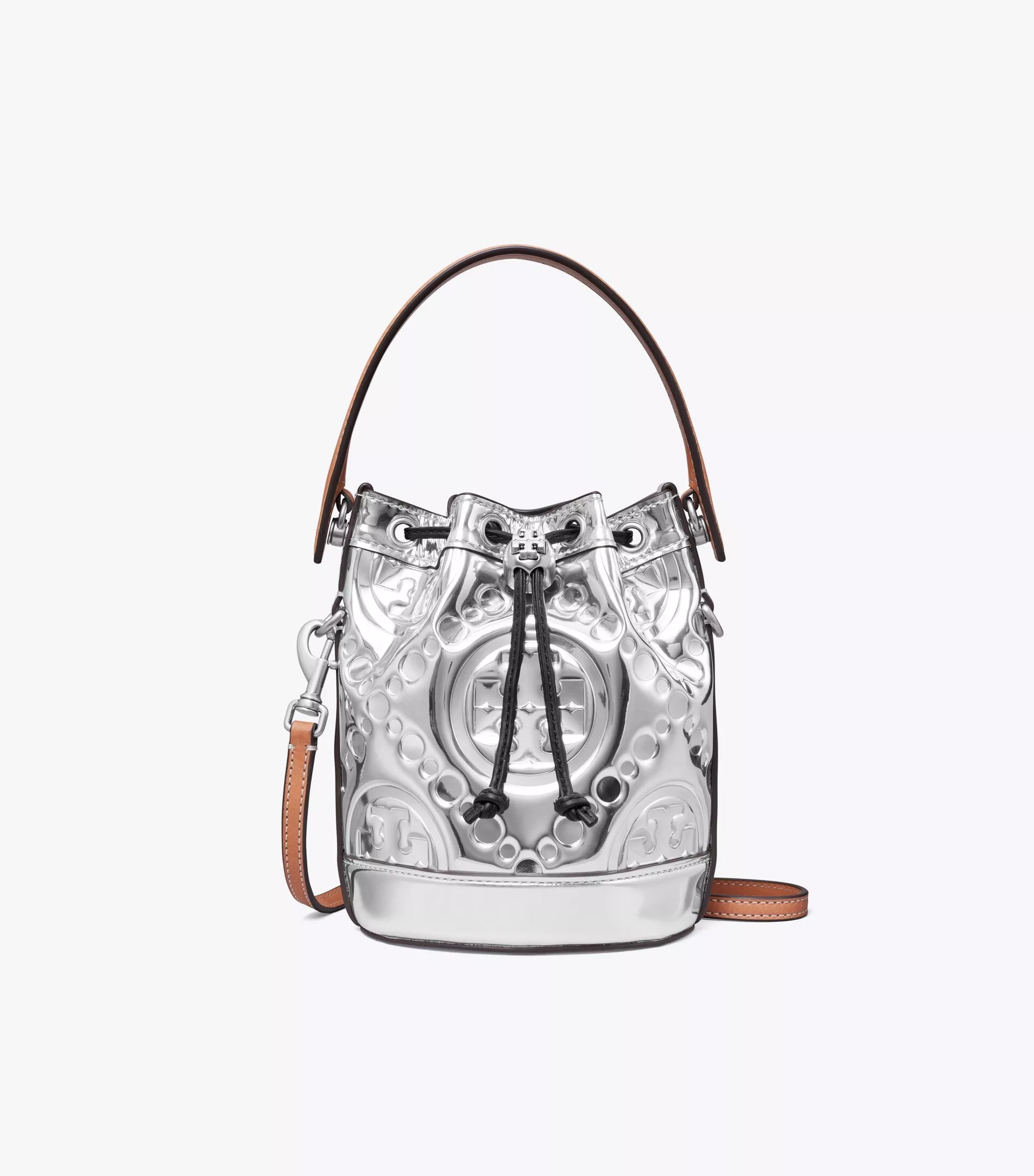 Tory Burch Mini T Monogram-Embossed Metallic Bucket Bag