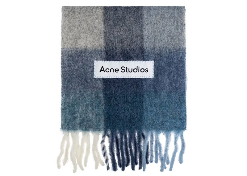 Acne Studios Mohair Checked Scarf in Indigo/Grey/Light Blue | StockX