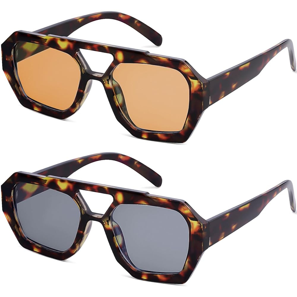 Trendy Designer Inspired Aviator Sunglasses for Women Men Hexagonal Square Thick Frame Double Bri... | Amazon (US)