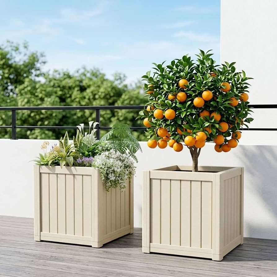 NicBex 19" Large Square HDPE Planter Box for Outdoor Plants(2PCS), Beige | Amazon (US)